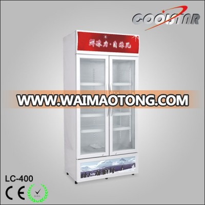 supermarket double glass door vertical display cooler with top light box